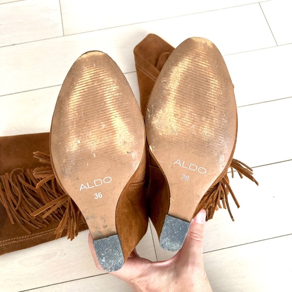 ALDO Fringe Wedge Boots - Cognac Brown Faux Suede - Size 36 - Picture 8 of 14